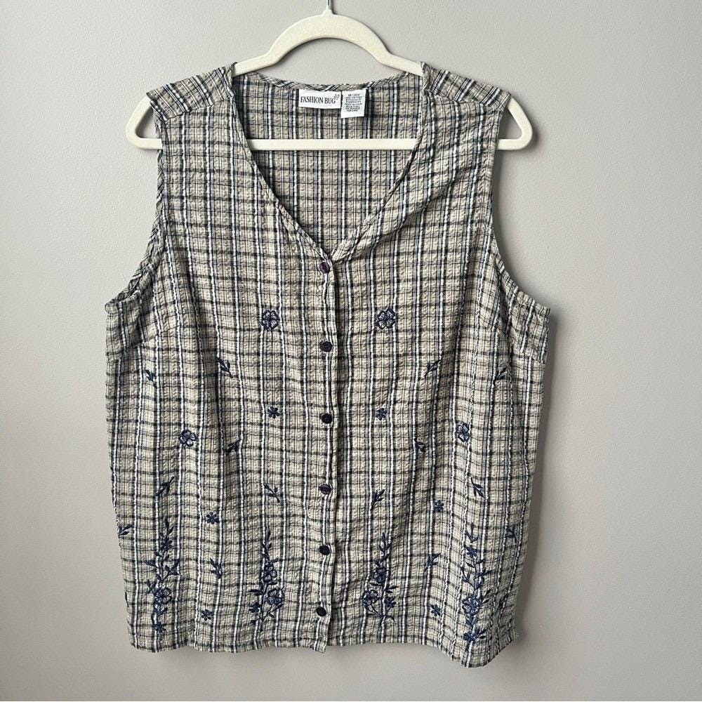 Vintage Vest Top Women's XL Plaid Cotton Floral Embroidery Cottage Seersucker